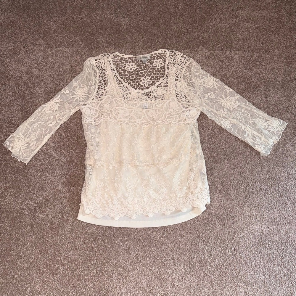 Dressbarn Women's VTG Style Cream/Ivory Crochet Lace Blouse 3/4 Sleeve - M